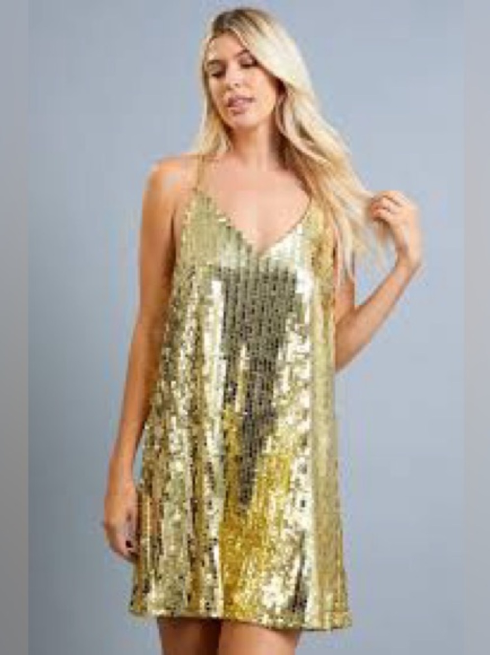 NWT Glam Gold Sequin Mini Dress Fully Lined Strappy Back Party Size S